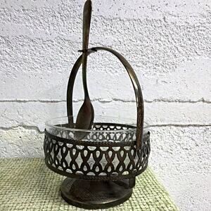 Vintage Arcoroc France Glass Condiment Jam Sugar Bowl Metal Caddy Hanging